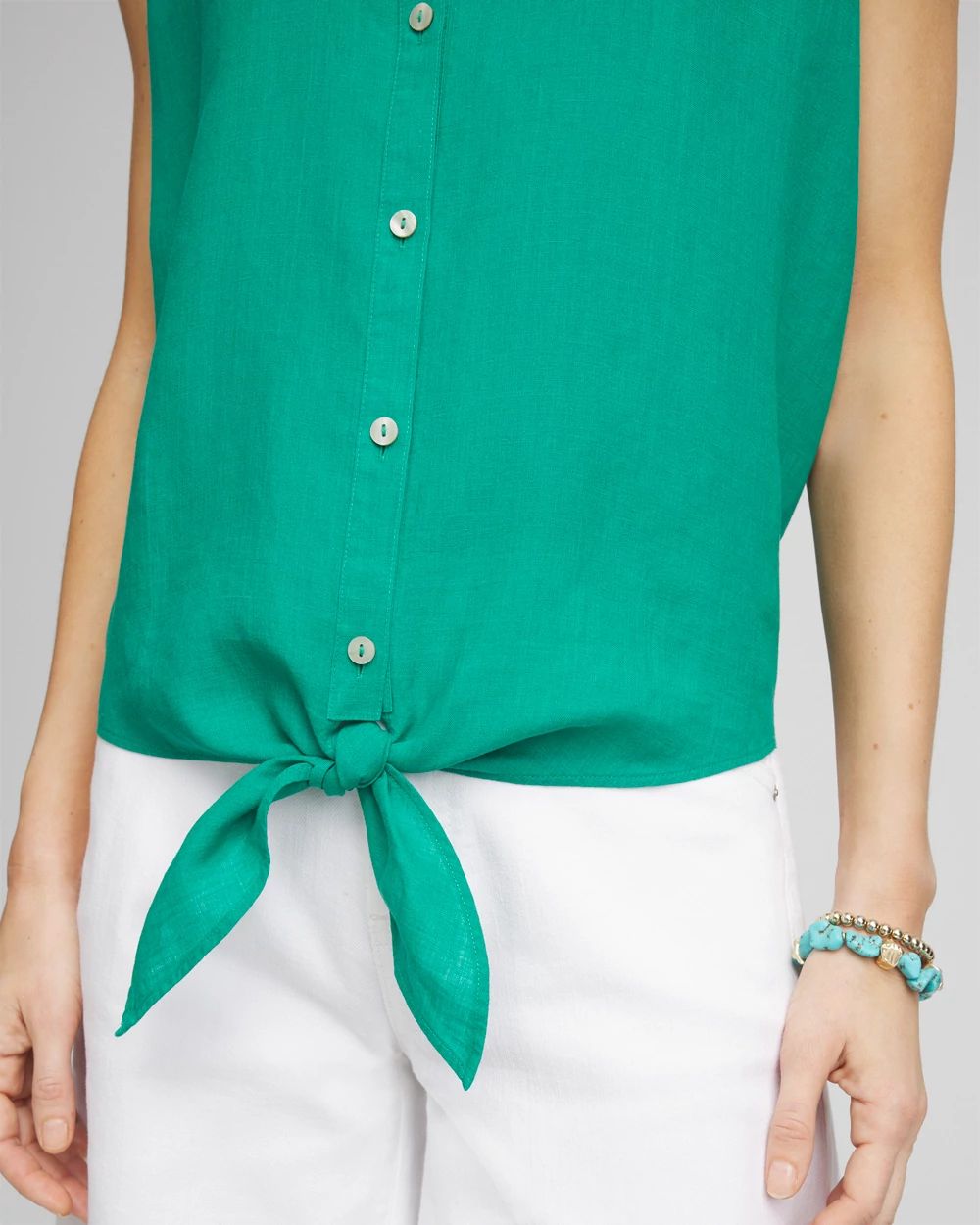 レディースウェア ENTI Short Sleeves Shirt (GRN) No Iron™ Linen Tie-Front Sleeveless Shirt | Chico's